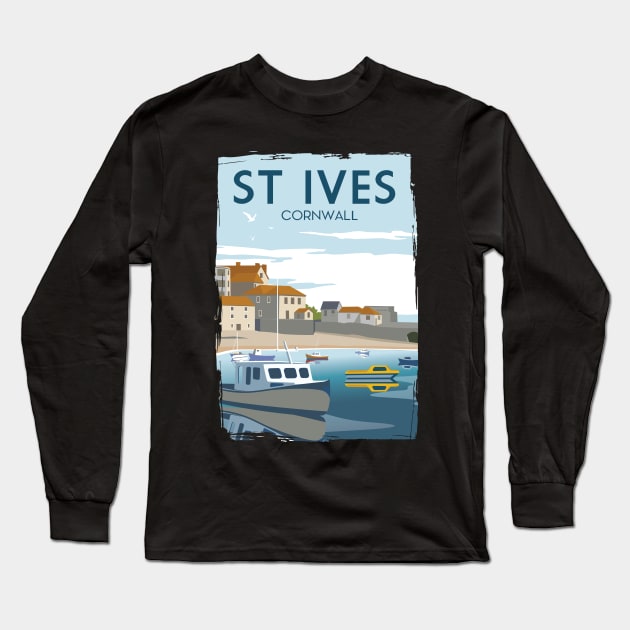 Funny Retro England ST Ives Cornwall Travel Poster Apparel Long Sleeve T-Shirt by Terrybogard97